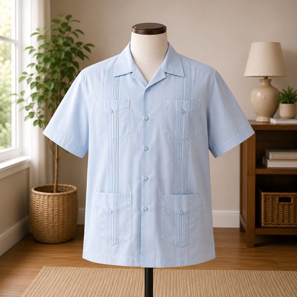 Romani Guayabera Shirt Mens M Light Blue Short Sleeve 4 Pocket Pleated Mexican